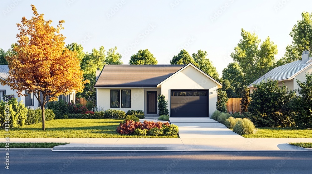 A suburban home with a modest design, clean façade, and a simple driveway, rendered on a white background for versatile use in illustrations or ads.