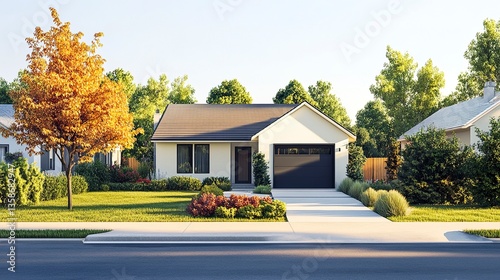 Obraz na płótnie A suburban home with a modest design, clean façade, and a simple driveway, rendered on a white background for versatile use in illustrations or ads. w salonie