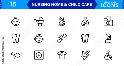 Nursing Facility and Childcare Icon Collection. Professional Vector Set for Healthcare and Kids Services