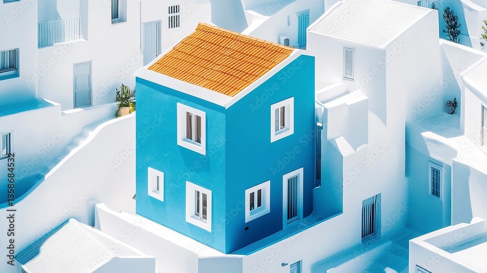 Blue house in the center of white houses, vibrant color catching attention in a minimalist setting, ideal for showcasing standout real estate properties. Blue house in the center of white houses, vibrant color catching attention in a minimalist setting, ideal for showcasing standout real estate properties.