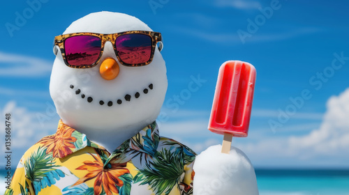 Snowman with sunglasses and tropical shirt holding red popsicle against blue sky. Summer vacation humor concept for seasonal marketing, climate change awareness and holiday greeting cards