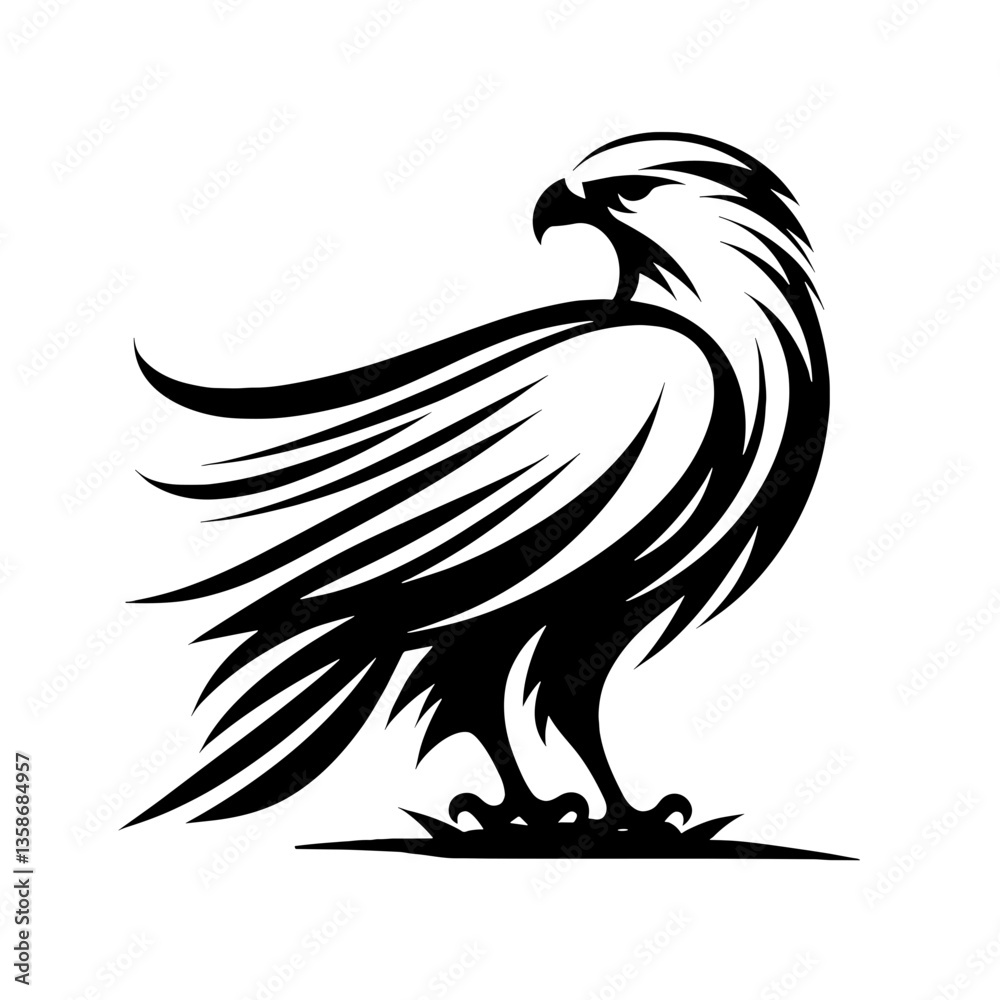 Fototapeta premium A black silhouette of hawk, stroke lines, minimalist art style, vector, isolated, transparent background 