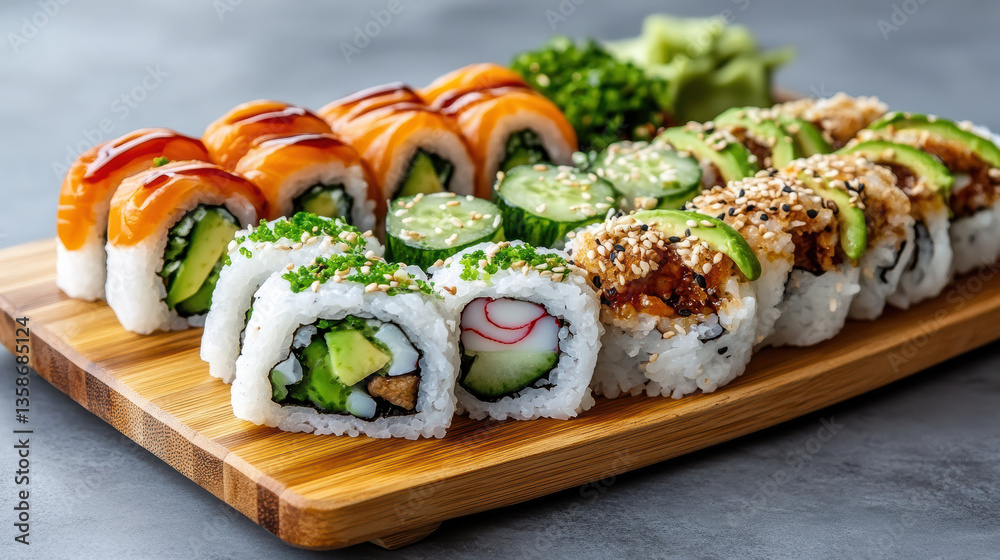 Delicious vegan sushi platter featuring colorful rolls and fresh ingredients Delicious vegan sushi platter featuring colorful rolls and fresh ingredients