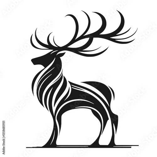 A black silhouette of reindeer, stroke lines, minimalist art style, vector, isolated, transparent background   photo