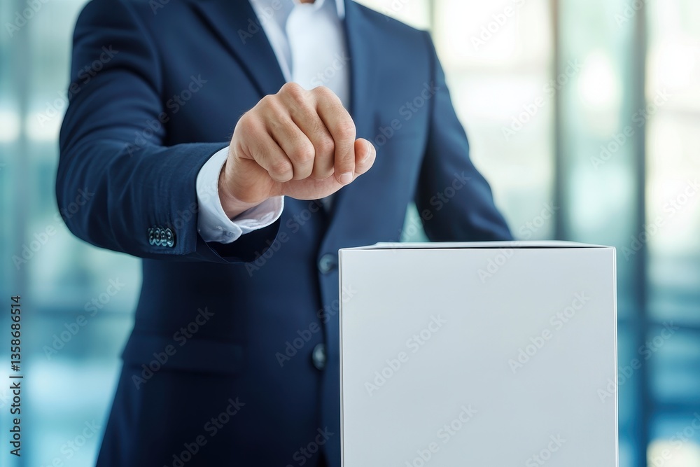 Man in suit knocks on white box, modern office background. Use for product launch, secret service, or presentation concept. Man in suit knocks on white box, modern office background. Use for product launch, secret service, or presentation concept.