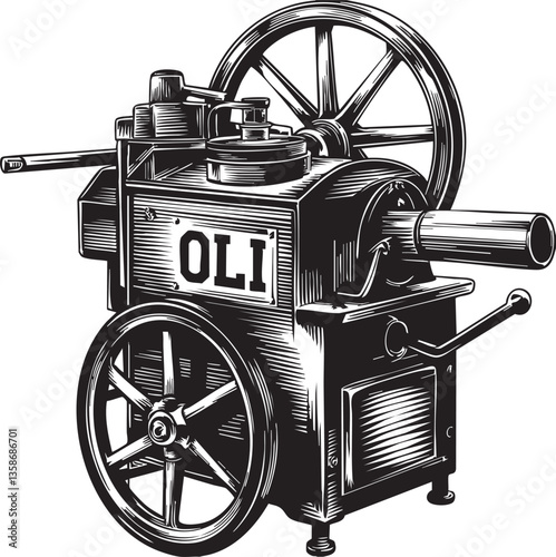 Vintage steam locomotive with retro photography equipment in black and white