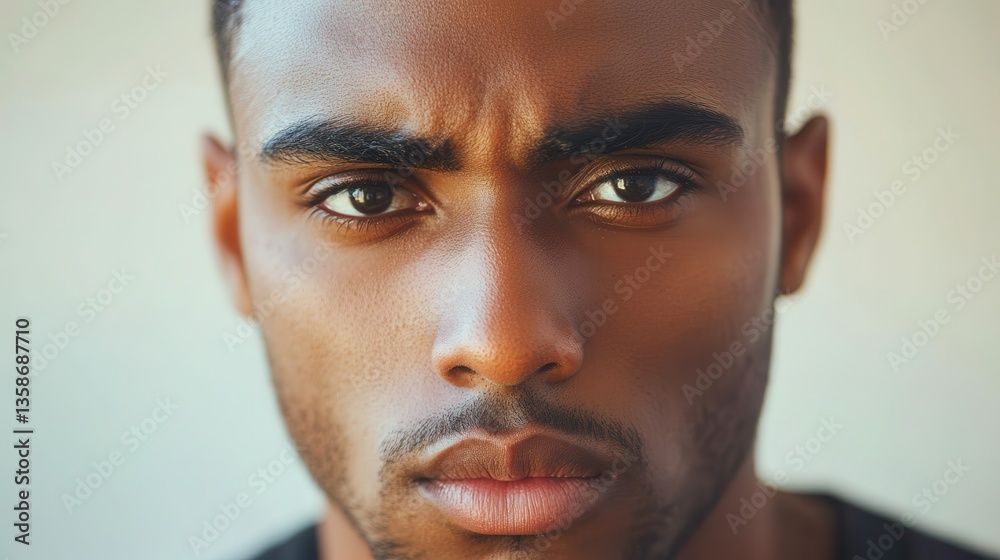Obraz premium Close up headshot of a handsome dark-skinned man with a serious expression. Use this for representing intense emotions, focus, or inner thoughts.