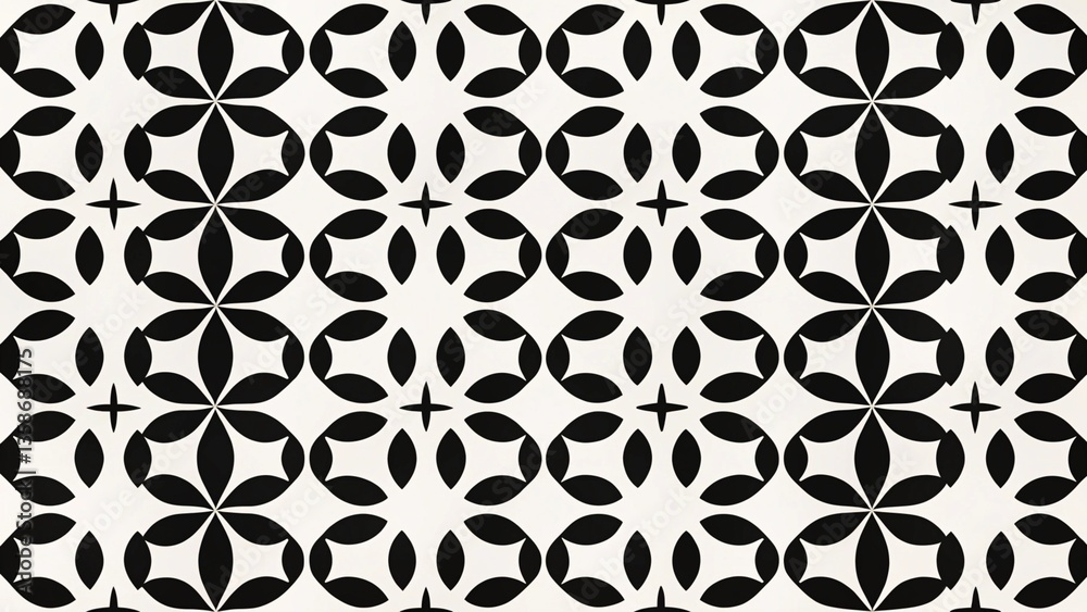 Seamless pattern with ethnic folk motifs. Simple floral geometric ornament. Black and white background texture with a grid, flower silhouettes, and diamond shapes. Repeat geo design for decor, print Seamless pattern with ethnic folk motifs. Simple floral geometric ornament. Black and white background texture with a grid, flower silhouettes, and diamond shapes. Repeat geo design for decor, print