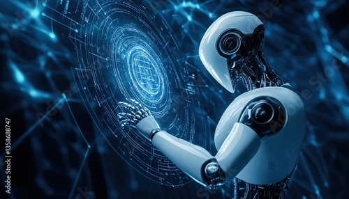 AI Robot Interacting with a Digital Hologram – A Futuristic Representation of Machine Learning, Big Data, and Artificial Intelligence Technology