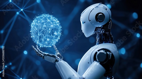 AI Robot Interacting with a Digital Hologram – A Futuristic Representation of Machine Learning, Big Data, and Artificial Intelligence Technology