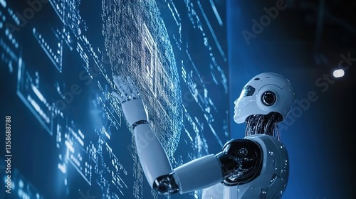 AI Robot Interacting with a Digital Hologram – A Futuristic Representation of Machine Learning, Big Data, and Artificial Intelligence Technology