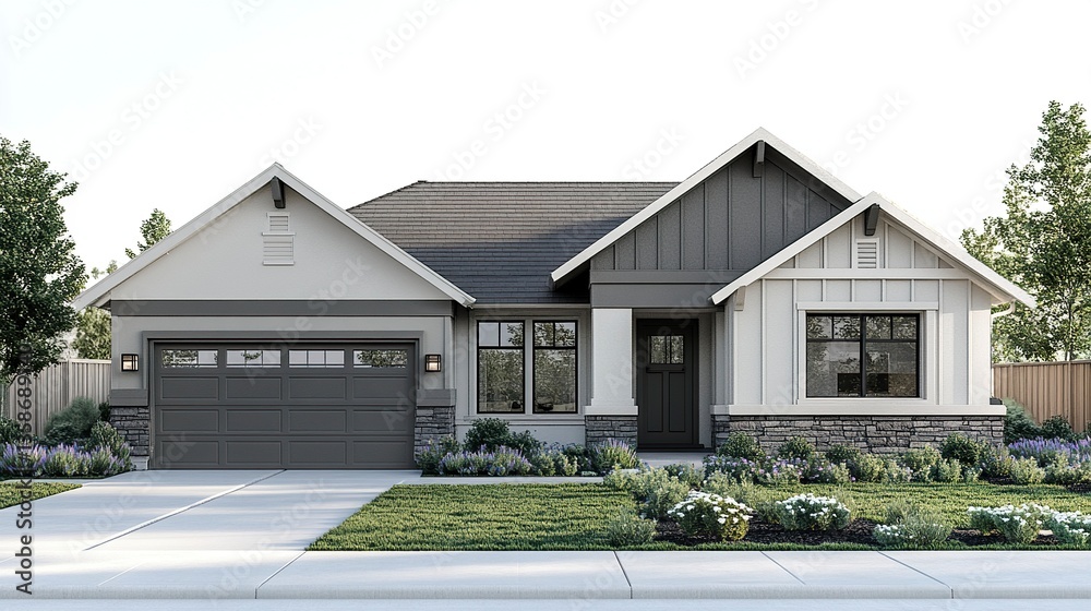 Suburban home with a gable roof, neutral color palette, and tidy landscaping, isolated on a bright white background for a fresh, clean presentation. Suburban home with a gable roof, neutral color palette, and tidy landscaping, isolated on a bright white background for a fresh, clean presentation.