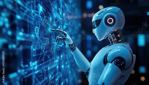 AI Robot Interacting with a Digital Hologram – A Futuristic Representation of Machine Learning, Big Data, and Artificial Intelligence Technology
