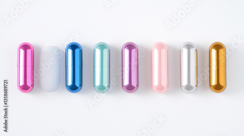 Colorful Medicine Capsules: A row of vibrant, metallic-looking medicine capsules in a spectrum of colors, lined up in a studio setting, offering a visually striking representation of healthcare.