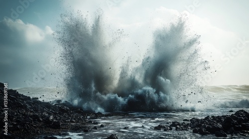 A powerful wave crashes against rocky shores, creating a dramatic splash and capturing the energy of the ocean.