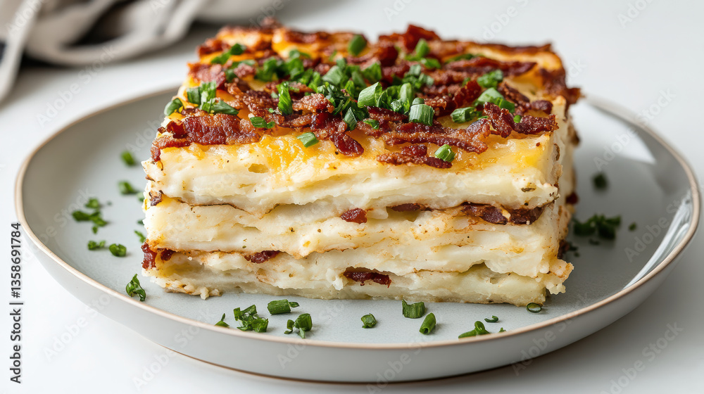 Cheesy baked potato casserole with layers of crispy bacon and chives, perfect for comfort food Cheesy baked potato casserole with layers of crispy bacon and chives, perfect for comfort food