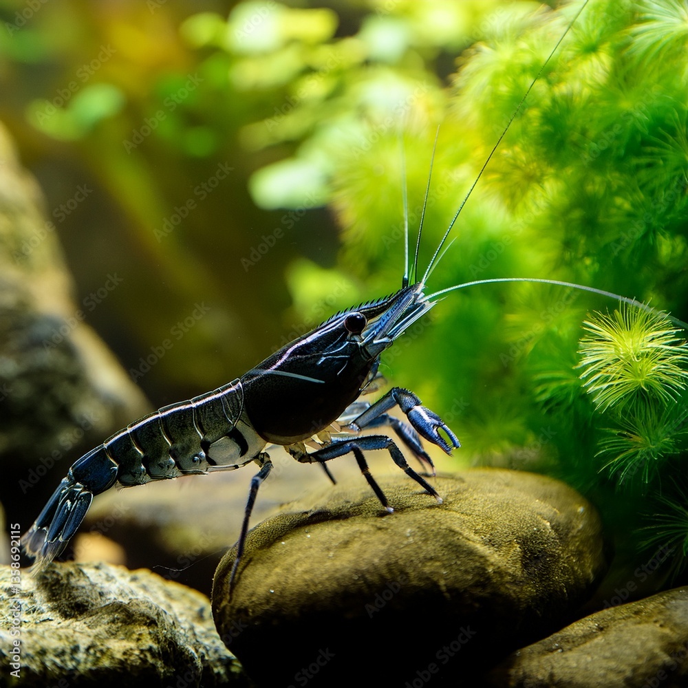Black Sakura shrimp - Neocaridina davidi in the Freshwater Aquarium with green plants