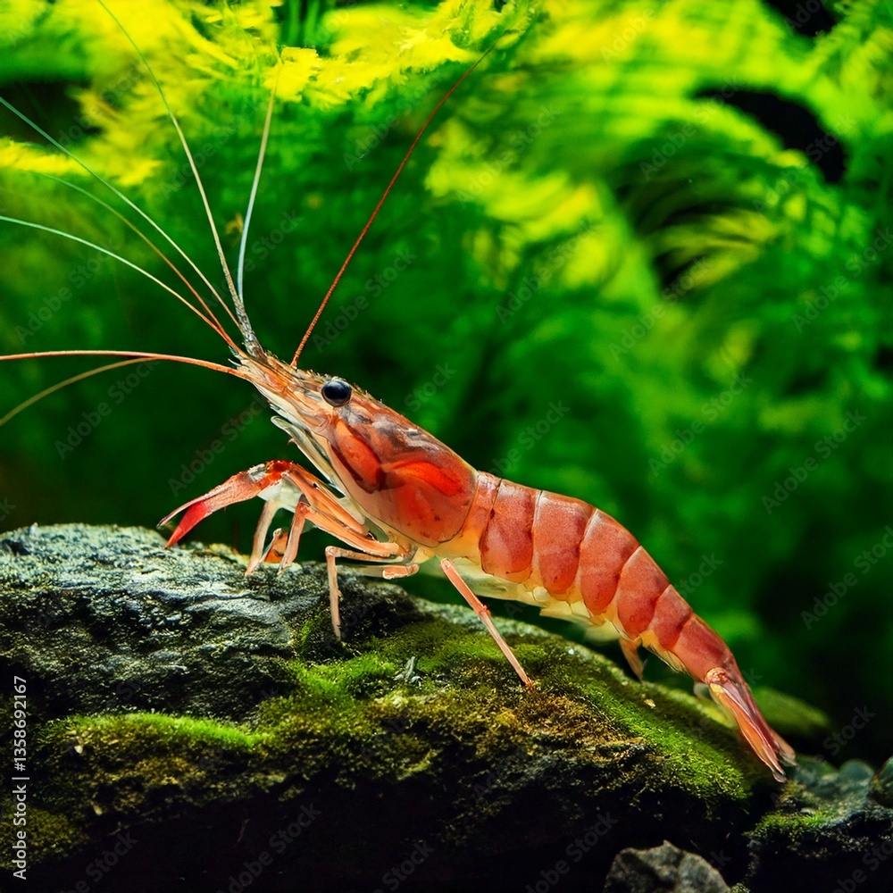 Red Cherry Shrimp - Red Fire Shrimp - Neocardina davidi in the Freshwater Aquarium with green plants