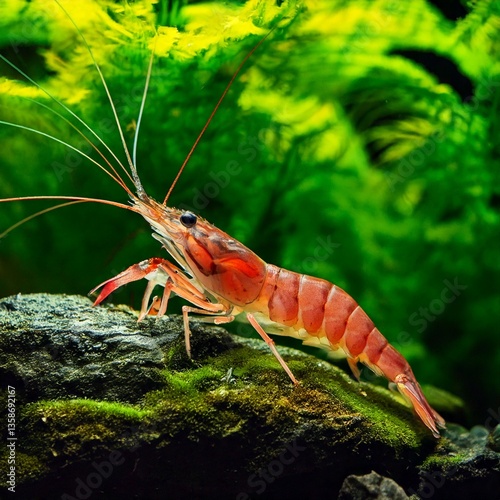 Obraz na płótnie Red Cherry Shrimp - Red Fire Shrimp - Neocardina davidi in the Freshwater Aquarium with green plants w salonie