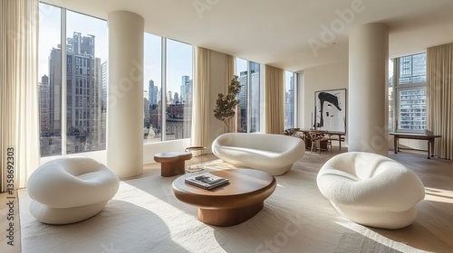 Wallpaper Mural Airy living room with minimalist furniture large windows bright neutral tones soft light and clean aesthetic wide-angle framing.   Torontodigital.ca