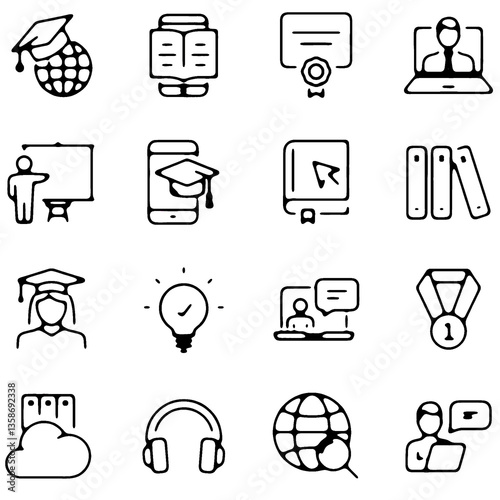 Minimalist black line icons featuring education, e-learning, school, university, books, students, teachers, digital training, certification, and academic tools for modern learning projects.