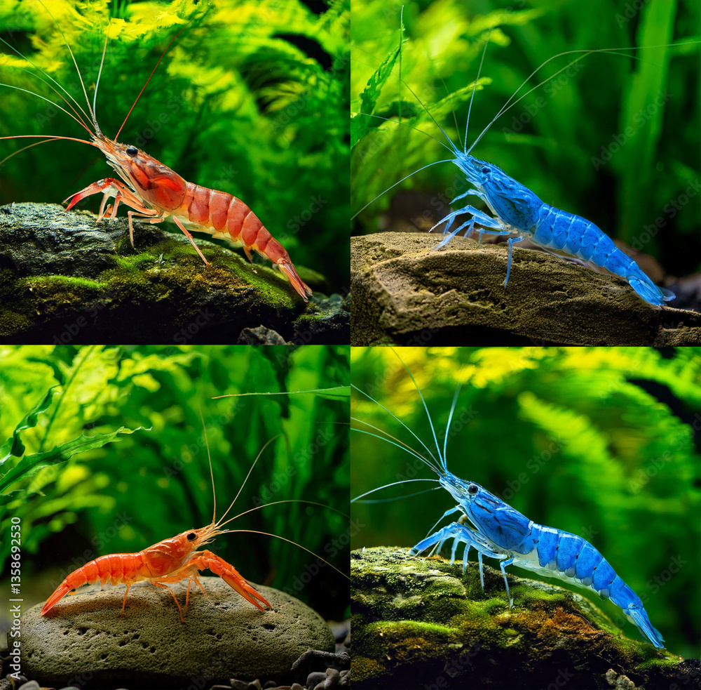 Vibrant Nano Aquarium Shrimp Crawling on Rocks in a Freshwater Tank with Green Plants