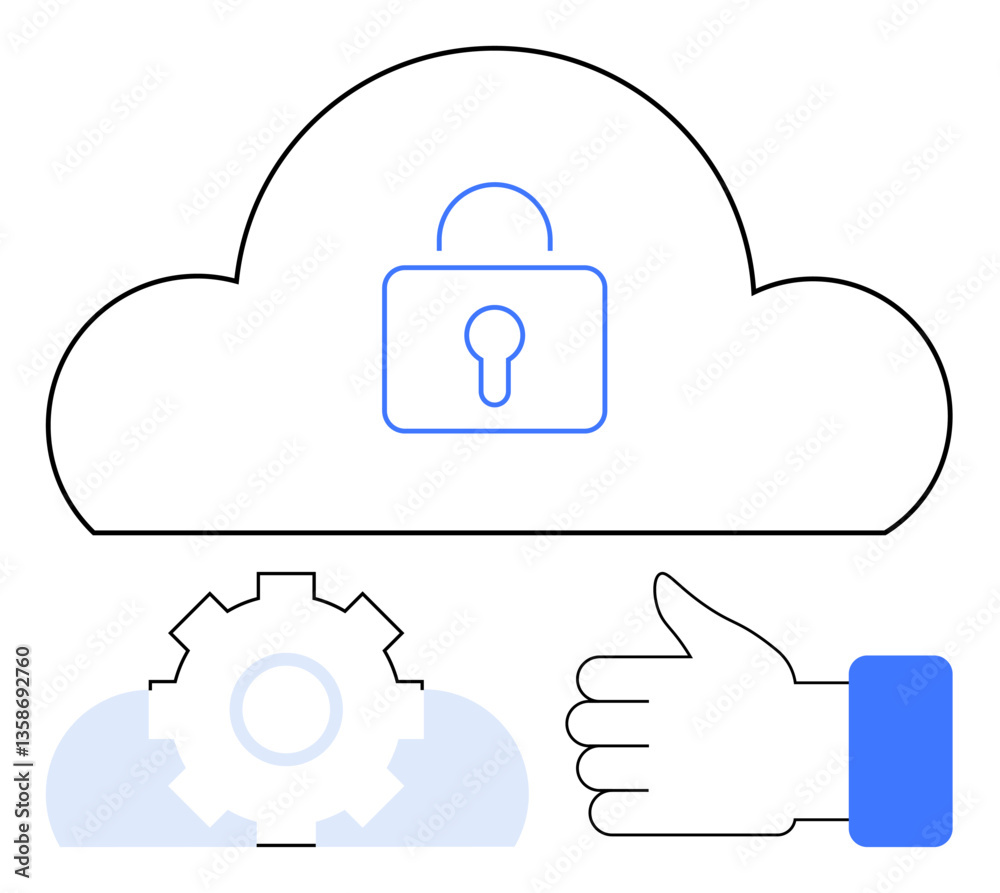 Cloud with lock symbol for data security, gear for system operation, hand showing thumbs-up for trust. Ideal for cybersecurity, cloud computing, privacy, IT management, software development Cloud with lock symbol for data security, gear for system operation, hand showing thumbs-up for trust. Ideal for cybersecurity, cloud computing, privacy, IT management, software development