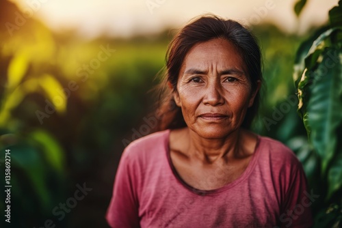 A woman coffee farmer stands confidently in her fields, surrounded by vibrant green coffee plants, embodying a deep connection to agriculture and nature