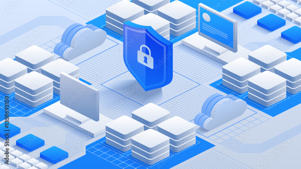 Cloud Data Security. Blue shield and lock icon over a cloud, representing advanced cybersecurity measures and encrypted data protection. Ideal for illustrating online safety and cloud storage. Cloud Data Security. Blue shield and lock icon over a cloud, representing advanced cybersecurity measures and encrypted data protection. Ideal for illustrating online safety and cloud storage.