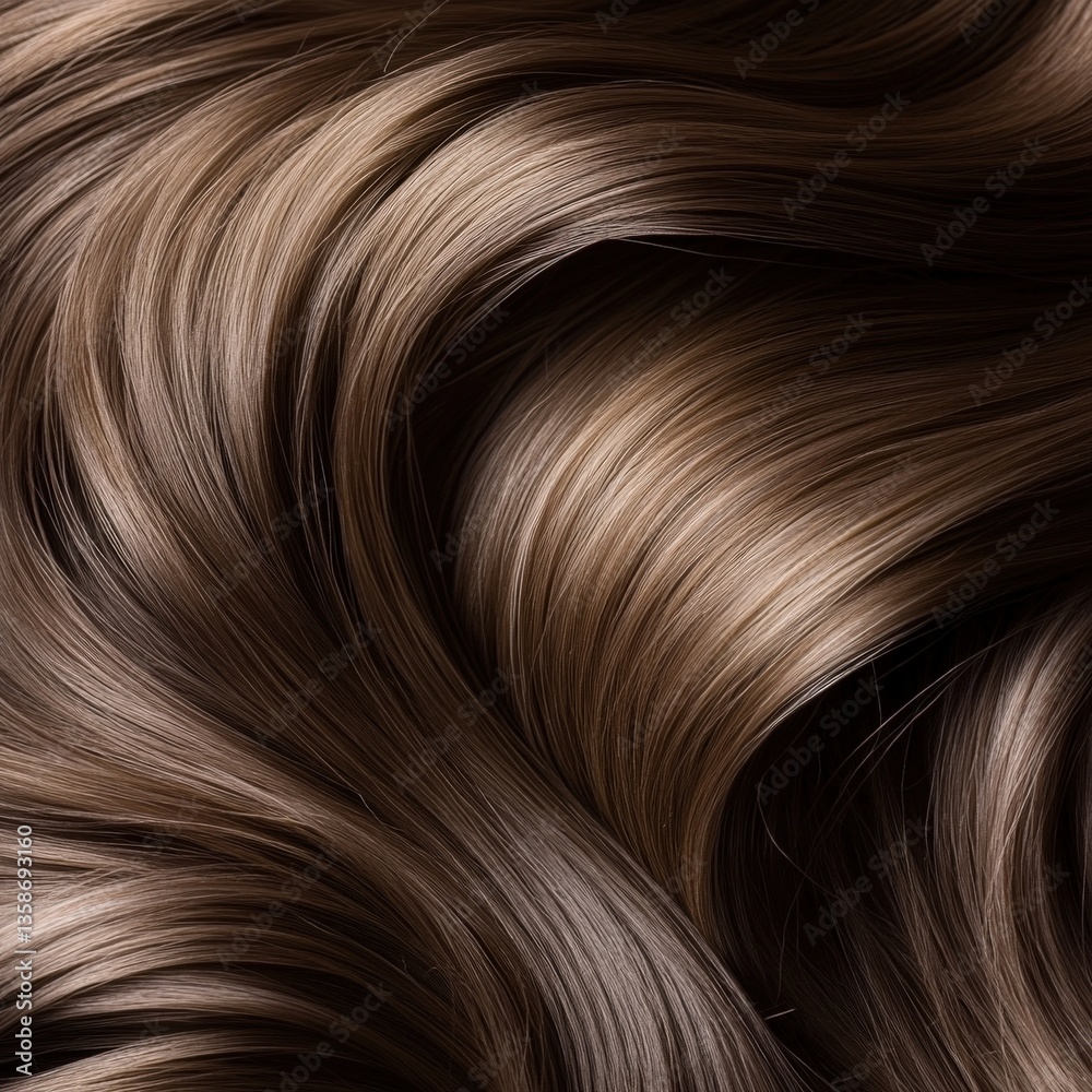 Naklejka premium Close-up View of Luxurious Brown Hair Texture with Natural Wave Patterns Highlighting Shine, Softness, and Beauty in Natural Light for Hair Care or Fashion Projects