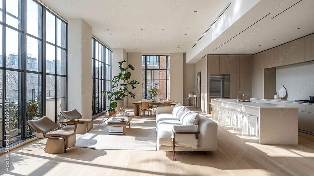 Fototapeta premium Bright and airy modern interior featuring open-plan living clean lines sleek furniture neutral tones and a spacious sunlit kitchen.