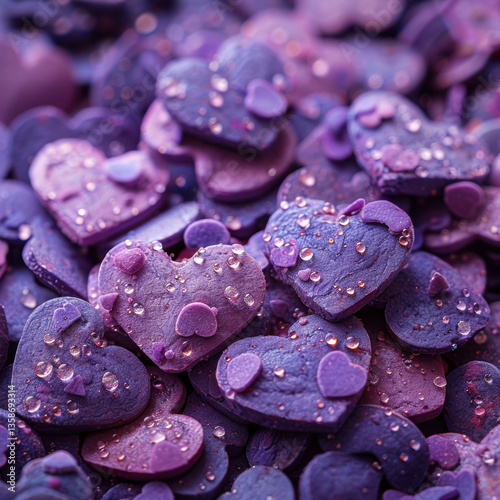 Close-up of pink and purple pill drops resembling candy with a heart shape, symbolizing love and health, isolated with a colorful background photo