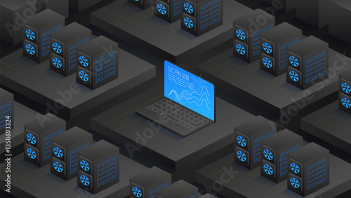 Laptop conducting a system scan amidst server racks and cooling fans. Highlights data analysis, processing, and digital infrastructure. Vector digital technology isometric background