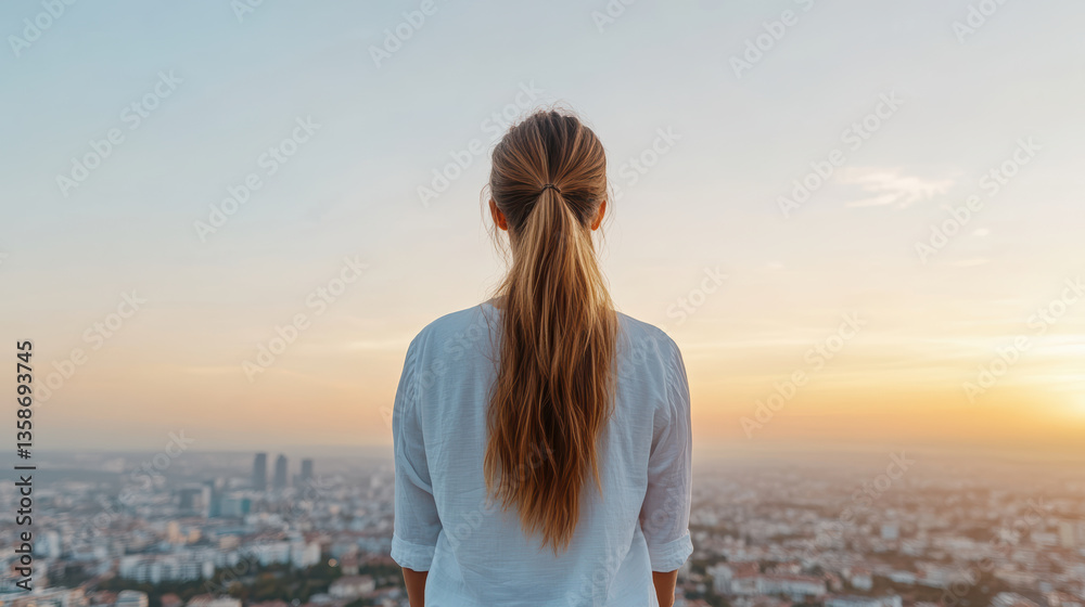 Obraz premium confident woman standing on city rooftop at sunrise, gazing at horizon