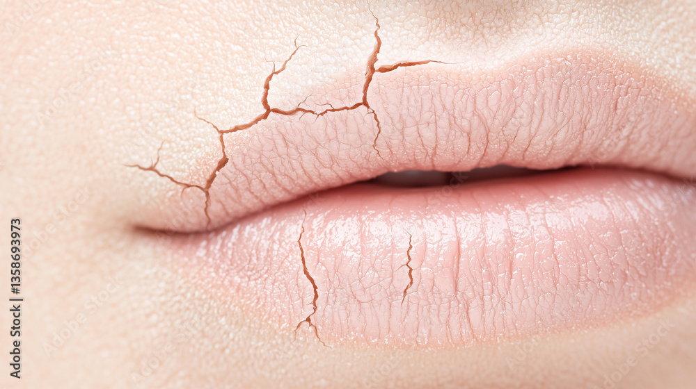 Fototapeta premium Dehydrated Lips: A close-up shot of chapped, cracked lips showing signs of dryness.