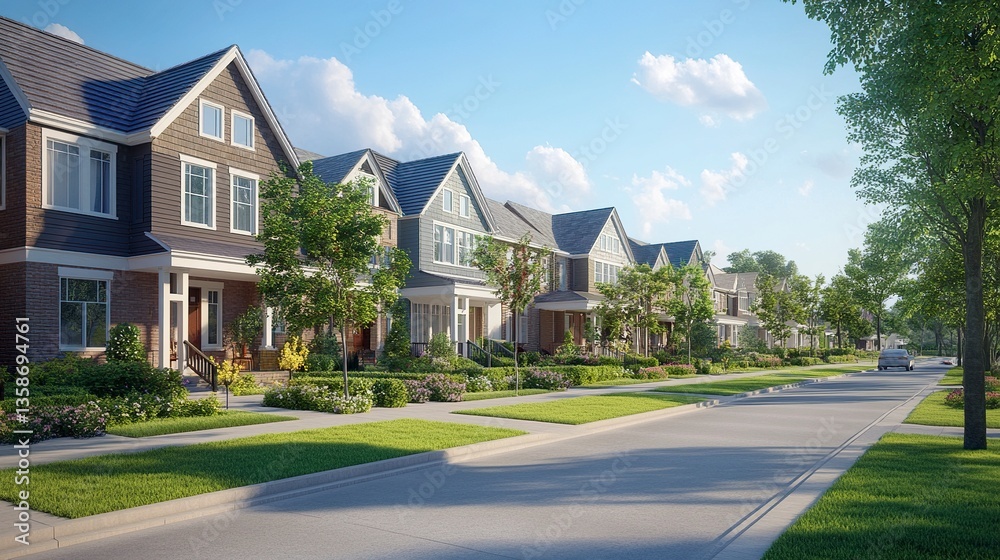 Charming row houses with varied architectural details clean sidewalks in front lush greenery framing the homes classic suburban appeal.