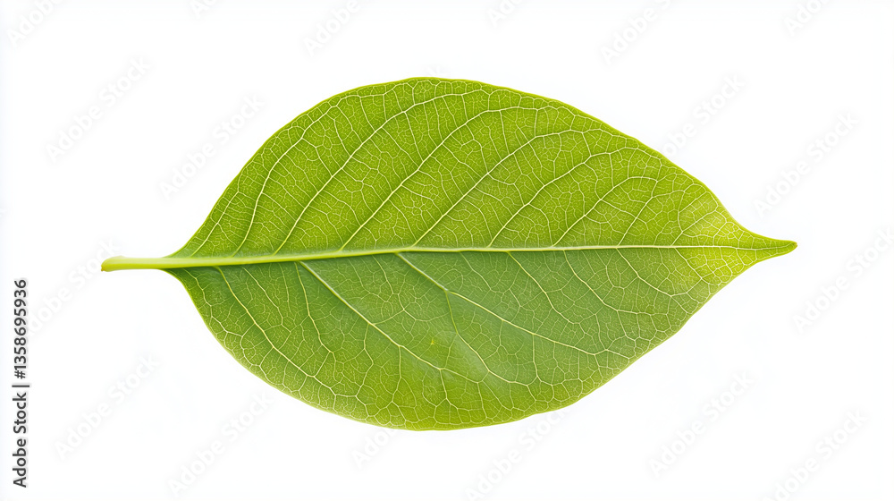 Obraz premium Lush Leaf's Elegance: A vibrant, single green leaf displays its intricate veins and delicate structure, a testament to nature's artistry and the essence of growth.