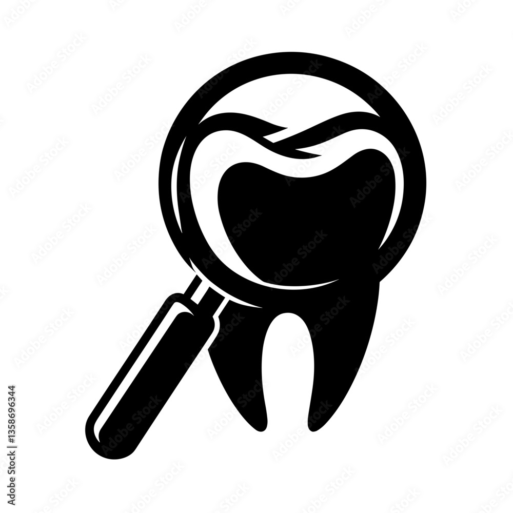 Tooth with magnifying glass icon silhouette Tooth with magnifying glass icon silhouette