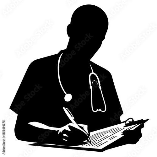 Male doctor writing on clipboard silhouette