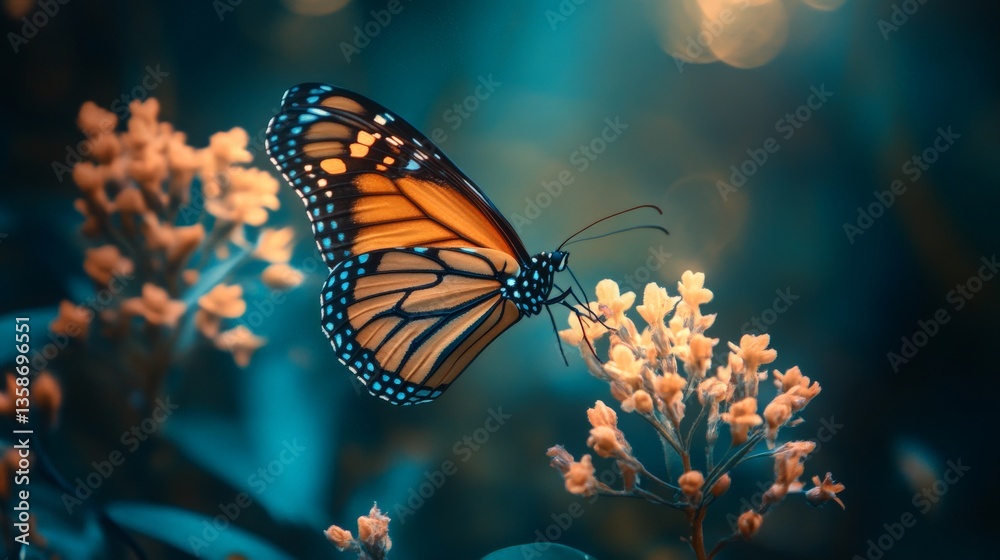 Fototapeta premium Monarch butterfly perched on a flower with a blue green bokeh background