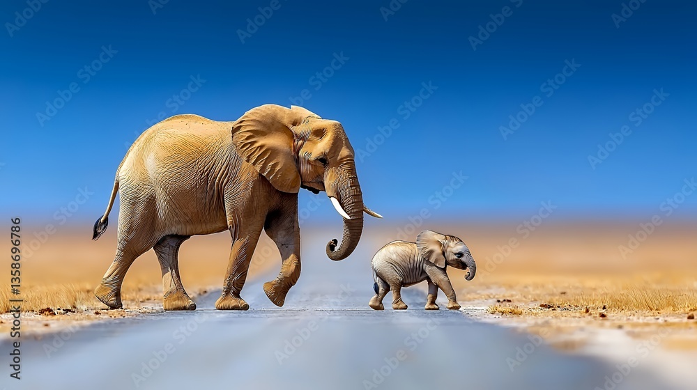 Fototapeta premium African Elephant and Calf Walking on Road Under Clear Blue Sky