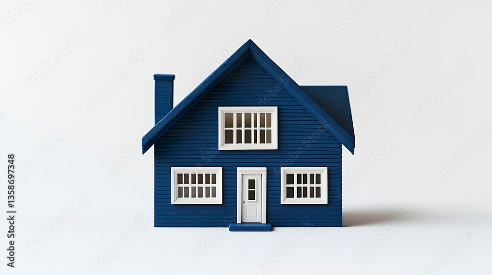 Compact blue house model with symmetrical features white windows and door sleek and modern real estate concept crisp on white. Compact blue house model with symmetrical features white windows and door sleek and modern real estate concept crisp on white.