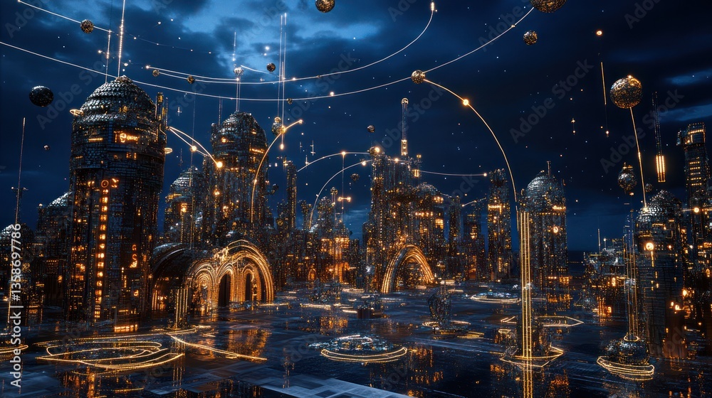 Fototapeta premium Futuristic city, night, floating structures, technological