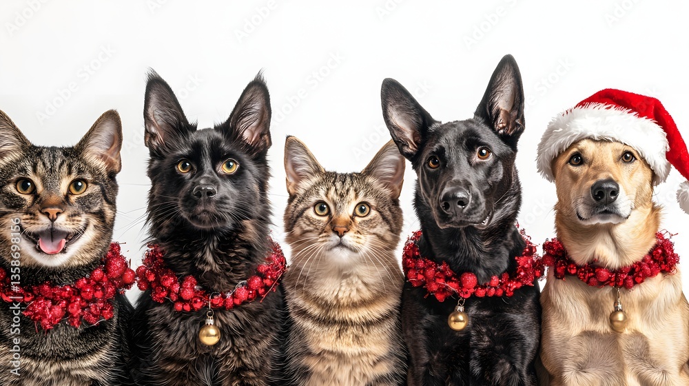 Obraz premium Group of Festively Dressed Dogs and a Cat Celebrating Christmas with Cheerful Expressions