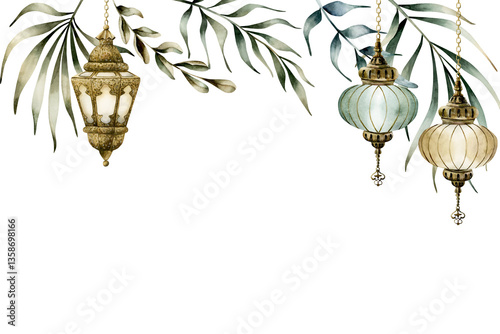 Islamic hanging lanterns with palm leaves banner template. Watercolor hand drawn isolated illustration Ramadan Kareem