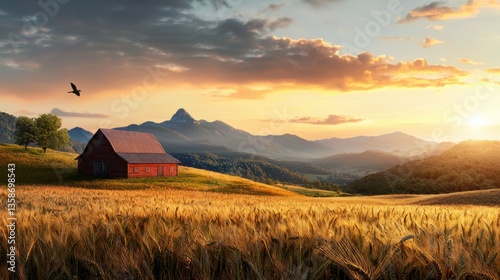 Breathtaking countryside landscape with a rustic barn house nestled in the mountainous terrain surrounded by a golden wheat field and a dramatic orange sunset sky with fluffy clouds
