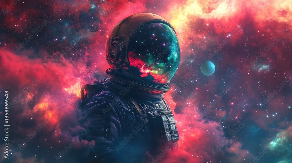 Obraz premium An astronaut drifts through a colorful cosmic landscape filled with swirling nebulas and twinkling stars, embodying the spirit of exploration