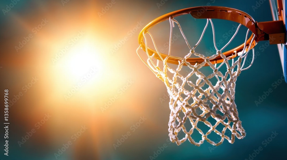 Basketball hoop and net against an orange and blue sky with bright sunlight shining through An outdoor basketball court with a hoop and net in the foreground Basketball hoop and net against an orange and blue sky with bright sunlight shining through An outdoor basketball court with a hoop and net in the foreground
