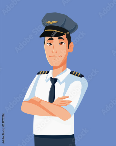 Chinese Male Pilot Wearing His Uniform vector Character. Aviation worker in captain uniform standing and smiling with confidence