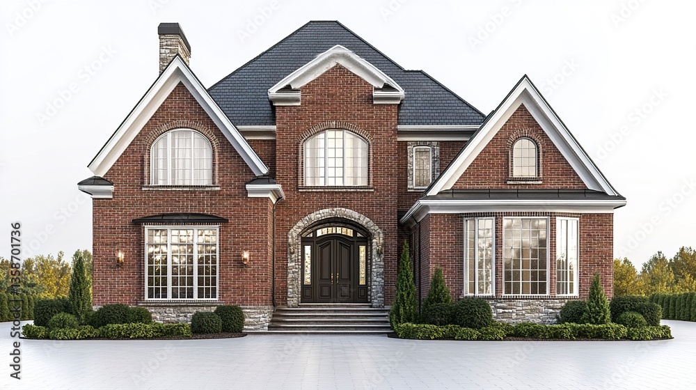 Elegant brick residence with arched doorway tall windows and subtle landscaping isolated on a pristine white background. Elegant brick residence with arched doorway tall windows and subtle landscaping isolated on a pristine white background.